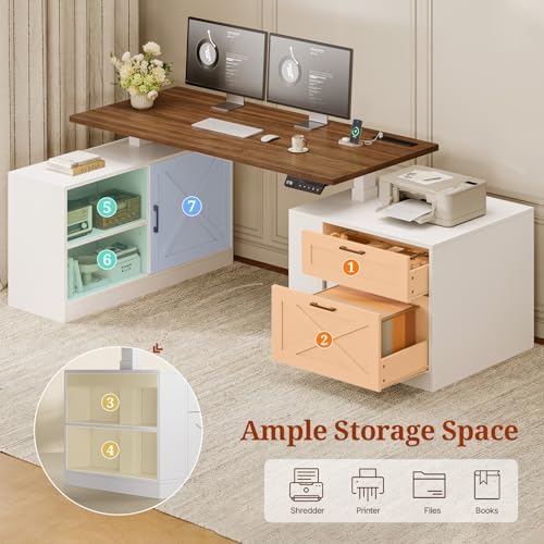 UPOSOJA 71" Farmhouse L Shaped Standing Desk, Electric Height Adjustable Corner Desk with Storage Cabinet & File Drawers, Wood Stand up Computer Desks with Power Outlets for Home Office - Image 3