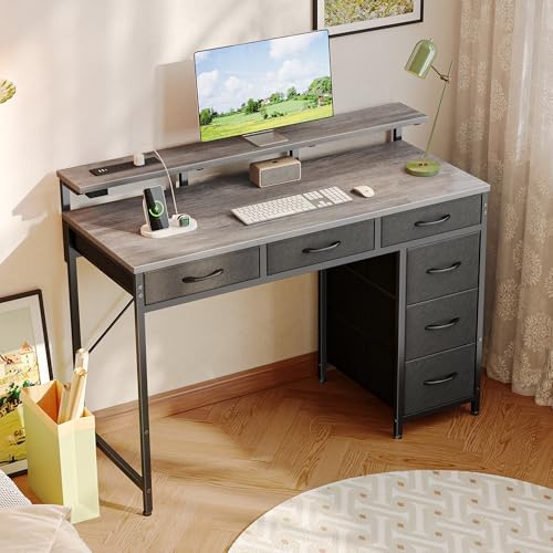 Huuger Gaming Desk with 6 Drawers, Computer Desk with LED Lights Power Outlets and Type-C, 39 Inch Office Desk with Storage, Monitor Stand, Writing & Work Desk for Home Office, Bedroom, Grey - Image 2