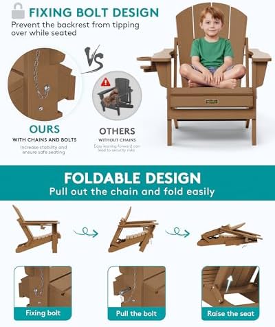 SERWALL Folding Adirondack Chair Set of 6, Lawn Chair with Cup Holder-Brown - Image 4
