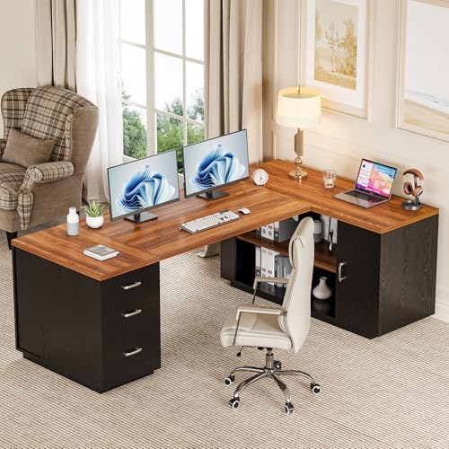 LITTLE TREE 87-Inch Modern Executive Desk with File Cabinet, Large Home Office Desk with Drawers, 3-Drawer Wooden File Cabinet, Spacious Workstation for Home Office (Brown & Black) - Image 5