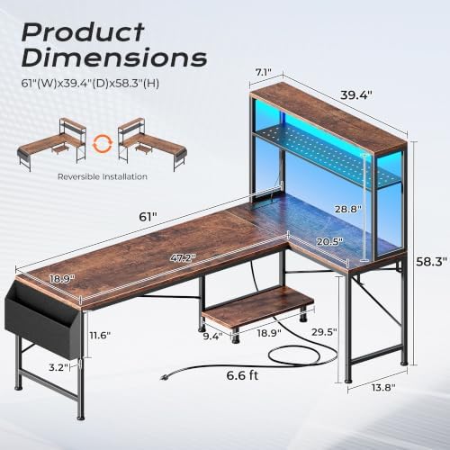 PRAISUN L Shaped Gaming Desk with LED Lights & Power Outlets - Image 2