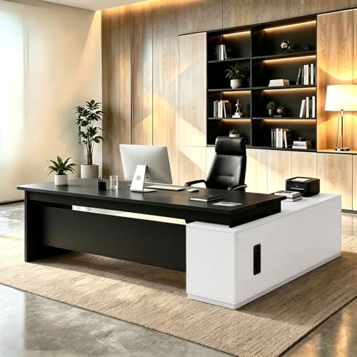 L Shaped Executive Desk with Drawers, Large Wood Workstation, Modern Executive Office Furniture for Home Office and Business Workspace, Multiple Sizes & Colors by Unknown