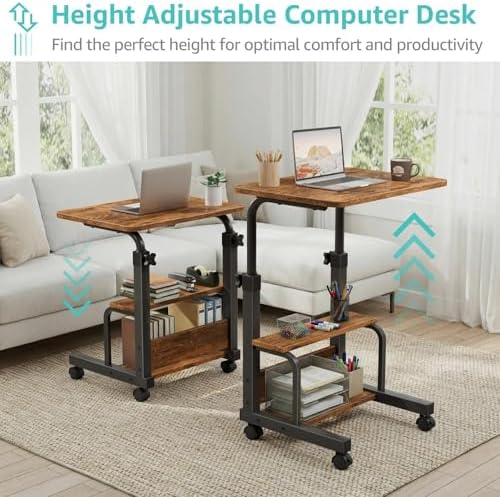 WINAZ C Shaped Rolling Laptop Desk - 24" Rustic Brown Mobile Desk with Wheels for Small Spaces, Height Adjustable Overbed Table with 2-Tier Storage Shelves - Image 7