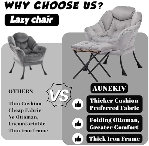 Lazy Chair with Ottoman, Comfy Reading Chair, Grey - Image 4