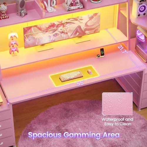 SEDETA 79'' Gaming Desk with LED Lights,8 Drawers and Storage Shelves, Pink - Image 5