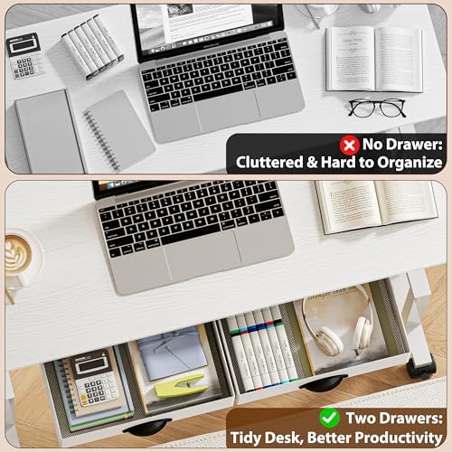 Height Adjustable Standing Desk with 2 Drawers, Small Sit Stand Up Desk with Wheels, Portable Rolling Desk for Walking Pad Treadmill, Computer Office, Adjustable 31.5"-43.3", White, Upgraded Stable - Image 3