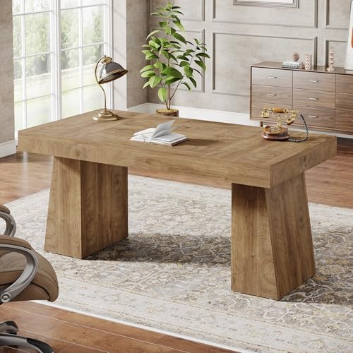 Tribesigns 55 Inches Executive Desk, Mid-Century Modern Home Office Desk, Wood MDF Computer Table Business Workstation Small Conference Table, Light Brown - Image 3