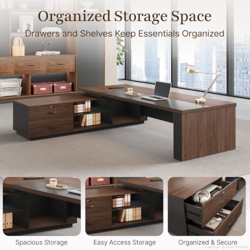 63" L-Shaped Executive Desk with Reversible Return – Modern Office Desk with Drawers, Open Shelves, LED Lighting, Built-in Outlet & USB Ports for Home, Office, School (63" W x 63" D x 30" H) - Image 5