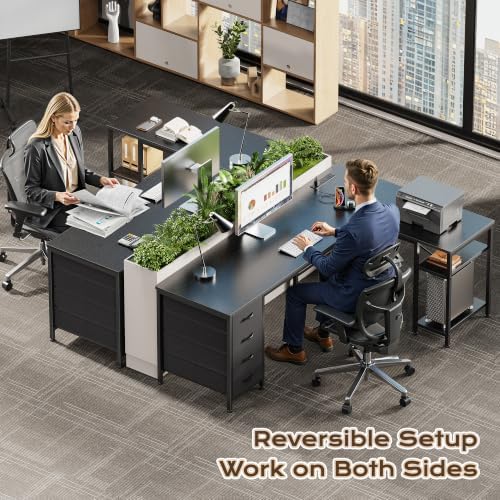 Huuger 55 Inch L Shaped Desk with Fabric Drawers, Reversible Computer Gaming Desk with Power Outlets and USB-C Port, Adjustable Side Storage Shelves, for Work Study Corner Home Office, Black - Image 2
