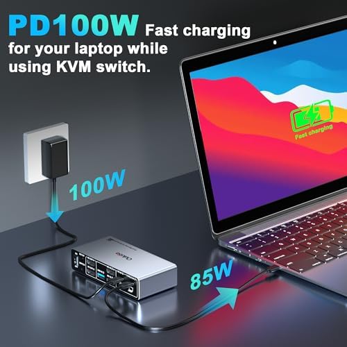 USB C Kvm Switch 2 Monitors 1 Desktop and 1 Laptop, Dual Monitor KVM Switch Docking Station, 4K@60Hz Expand 2 HDMI Displays,USB 3.0x3,USB C x1, PD 100W, Wired Remote and USB Cable Included - Image 7