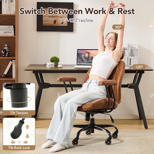 YFO Home Office Desk Chair Office Rubber Casters Ergonomic Computer Chair with Lumbar Support Adjustable Height Rolling Swivel Executive Task Armrests Chair， Brown Leather - Image 3