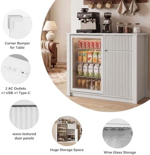 Mini Fridge Cabinet with Storage & Power Outlet, Coffee Bar Cabinet, White - Image 6