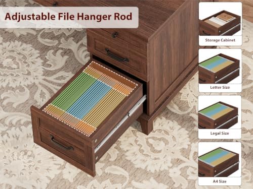 53.54" Executive Desk with Drawers, Farmhouse Home Office Desk with Charging Station & File Cabinet, 4 Storage Drawers Computer Desk with Power Outlet for Work Study Writing, Walnut Brown - Image 4