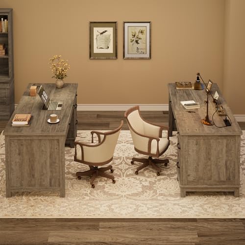 Garvee 53.5" Wooden Home Office Desk with File Drawers, Executive Desk with Power Outlet, Farmhouse Wood Desk with Storage, Distressed Study and Work Table, Rustic Grey - Image 6