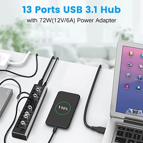 Rosonway 13-Port Powered USB 3.2 Hub 10Gbps, Aluminum USB Hub 72W,RSH-A13 - Image 4