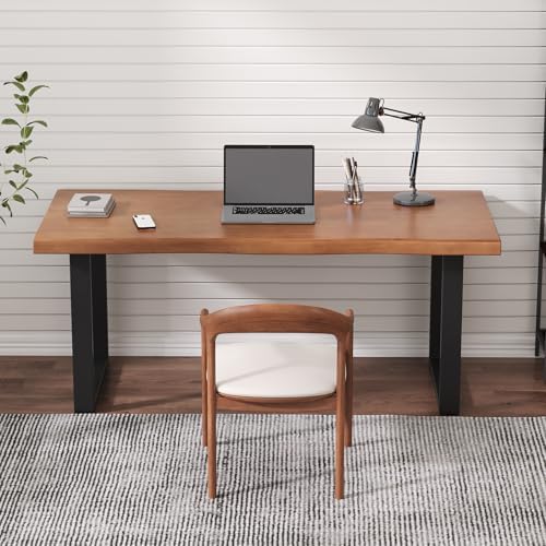 Stylish Solid Wood Office Desk with Sturdy Metal Base - Durable Executive Computer Desk or Dining Table in Multiple Sizes - Perfect for Home Office and Work Environments(Tan70.87in) - Image 2