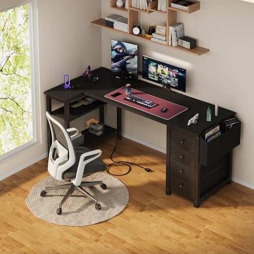 Lufeiya L Shaped Gaming Desk with Drawers & Storage Shelves, 55 Inch Corner Computer Desk with Power Outlet for Home Office Bedroom, L-Shaped Teen PC Desks with Fabric Drawer, Black - Image 2