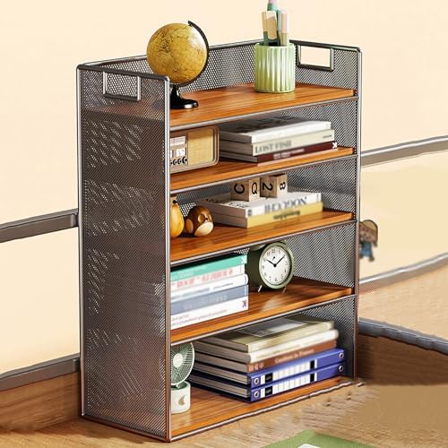Mesh Metal Dorm Desk Hutch with Handle,Desktop Bookshelf Organizer,Office File Paper Tray Organizer for Home Office,School Supplies(19.6" W x 6.3" D x 23.6" H, Black Wood 5 Tier) by Unknown