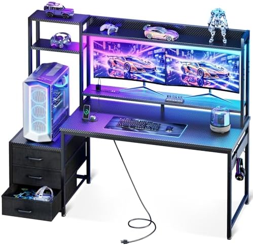 Casaottima 55 Inch Gaming Desk with Hutch & LED Lights & PC Tower Stand by Casaottima
