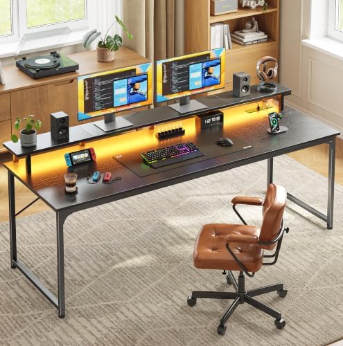 PRAISUN 63 inch Gaming Desk, LED & Power Outlets, Monitor Stand, Black - Image 2