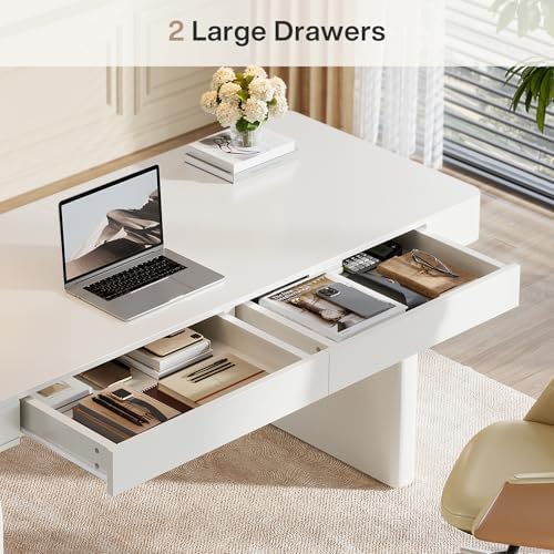 Tribesigns White Desk with Drawers, 63-Inch Modern Executive Office Desk, Glossy Elegant Work Study Writing Table for Home Office, Cream White - Image 6