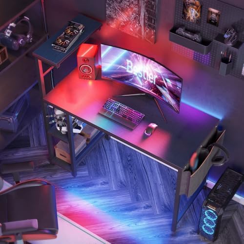 Bestier Gaming Desk with LED Lights, 44 Inch PC Gamer Desk for Small Spaces, Computer Desk with Reversible Storage Shelves & Side Storage Bag (Black Grained) - Image 5