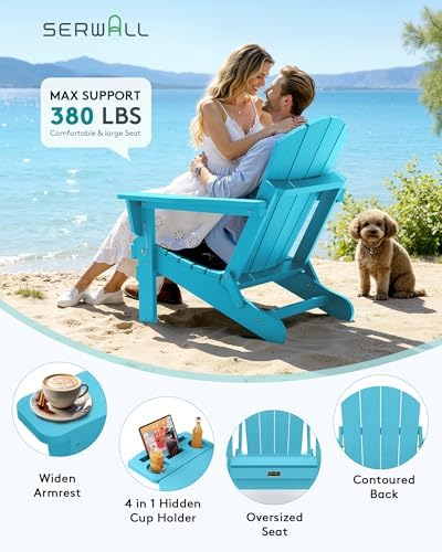SERWALL Folding Adirondack Chair, 4 in 1 Cup Holder Wood Texture-Light Blue - Image 3