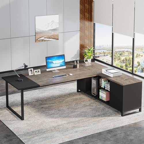 Tribesigns 70.8" Executive Desk with 55" File Cabinet, Industrial L Shaped Computer Desk with Storage Shelves and Cabinet, Large L Shaped Executive Desk for Home Office, Retro Gray & Black by Tribesigns