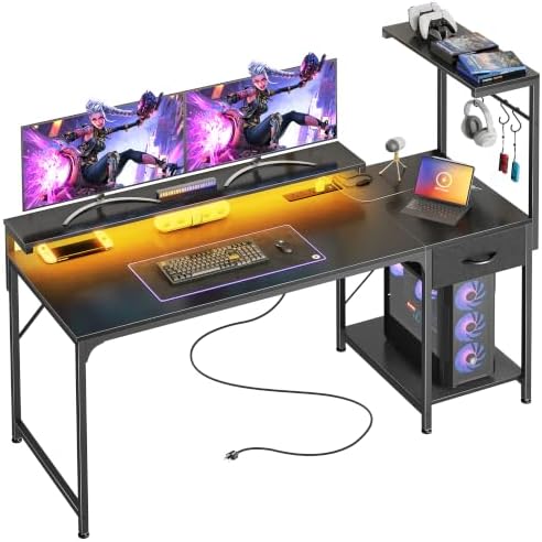 PRAISUN 55.1 Inch Gaming Desk with LED Lights & Power Outlets by PRAISUN