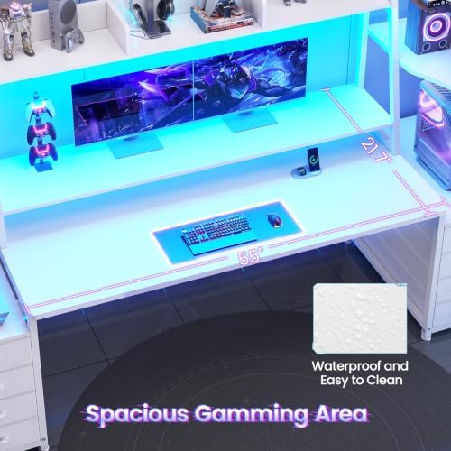 SEDETA Gaming Desk with LED Lights, 8 Drawers and Storage Shelves, White - Image 6