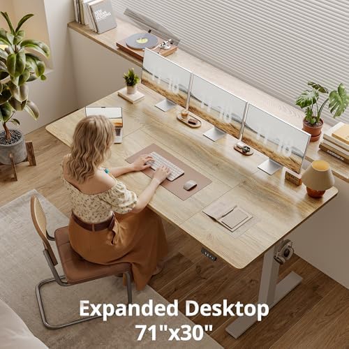 TIQLAB Electric Height Adjustable Standing Desk 71 * 30 inch, Sit Stand Desk with Splice Board, Memory Controller, White Frame & Maple Top Computer Workstation for Home Office - Image 2