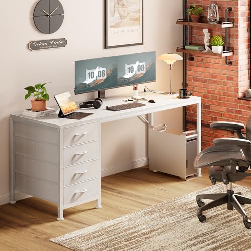 PRAISUN 55.1 Inch Computer Office Desk with Power Outelts and USB-C Port, Reversible Gaming Desk with 4 Fabric Drawers, Work Study Desk Work from Home, White - Image 2
