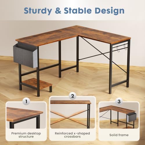 DUMOS L Shaped Computer Corner Desk with PC Stand, Brown - Image 6