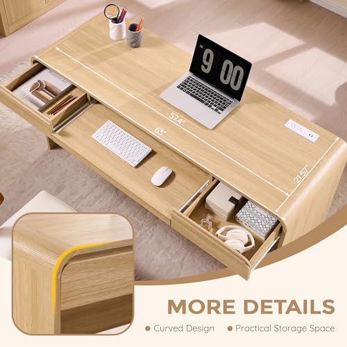 63" Modern Computer Desk with 2 Drawers, Wood Curved (Natural) - Image 4