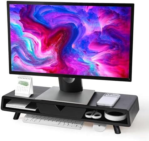 Homerays Monitor Stand with Drawer, Exquisite Computer Monitor Stand for Desk, Ergonomic Wood Monitor Stand Riser for Computer,Laptop,Printer,TV,Bamboo,Black by Homerays