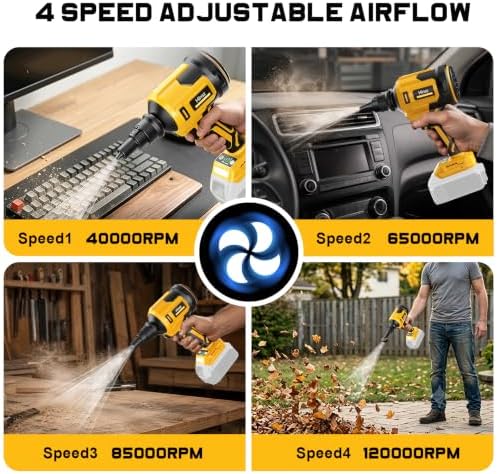Upgraded Cordless Air Duster Blower Compatible with DeWalt 20V Battery, 4-in-1 Handheld Leaf Blower, 120,000 RPM Brushless Motor, 4 Speeds / 500 MPH/40 CFM for Keyboard, Computer Cleaning(Tool Only) - Image 6