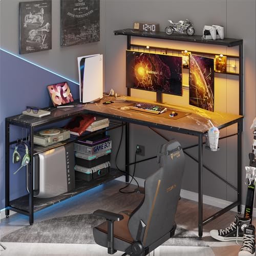 Bestier 51 Corner Computer Desk with Power Outlets LED Lights, Black Marble by Bestier
