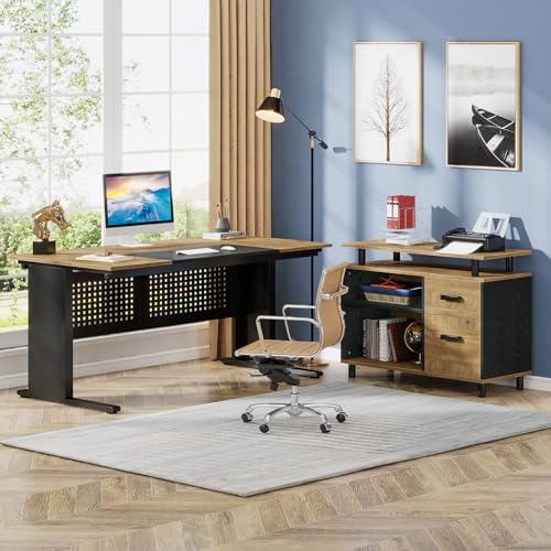 Tribesigns 63 Inch Executive Desk with File Cabinet, Large Office Desk L Shaped Computer Desk with Drawers and Storage Shelves, Business Furniture Desk for Home Office, Wood Color and Black - Image 3