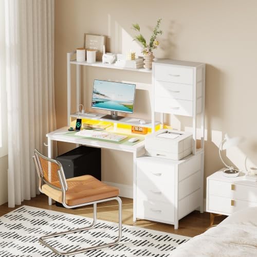 MUTUN 47 Inch Computer Gaming Desk with Hutch Power Outlet and LED Strip, Home Office Work Study Writing Desk with 6 Fabric Drawers and Storage for Bedroom, Escritorios para Computadoras, White - Image 2