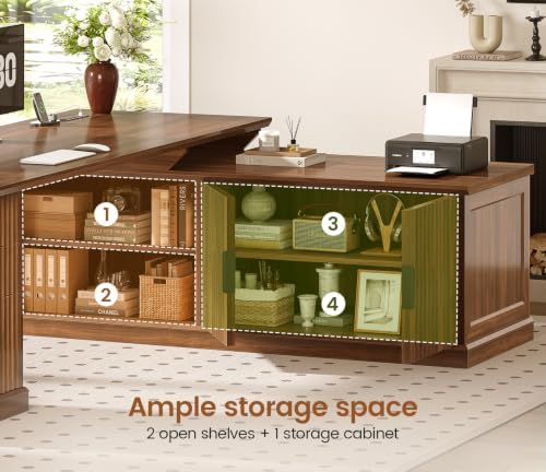 SEDETA Fluted 70.9" L Shaped Desk with Drawers and Storage Cabinet, Brown - Image 6