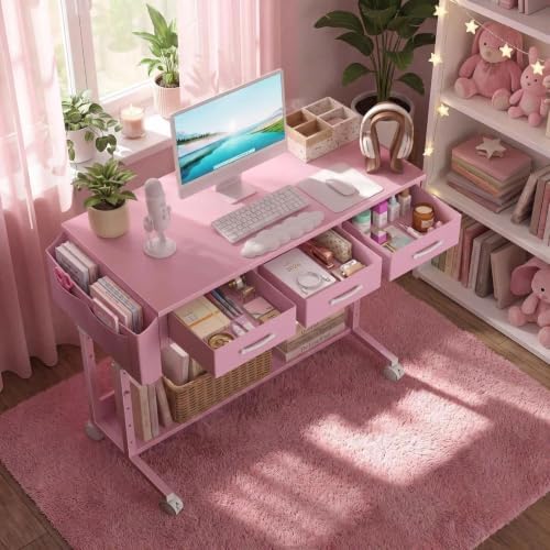 Pink Rolling Desk with Drawers, 40" Height Adjustable Girls Standing Desk - Image 2