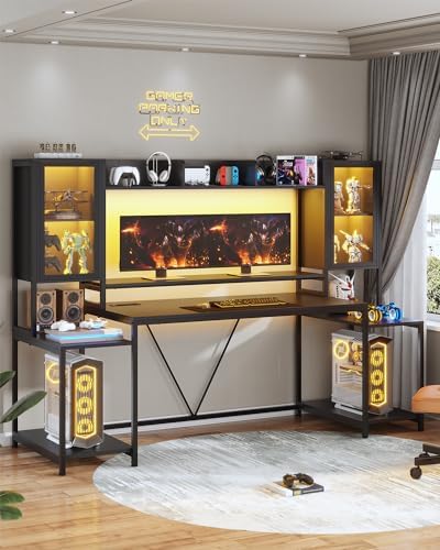 SEDETA Gaming Desk 75'' with LED Lights, Hutch and Storage Shelves, Black - Image 3