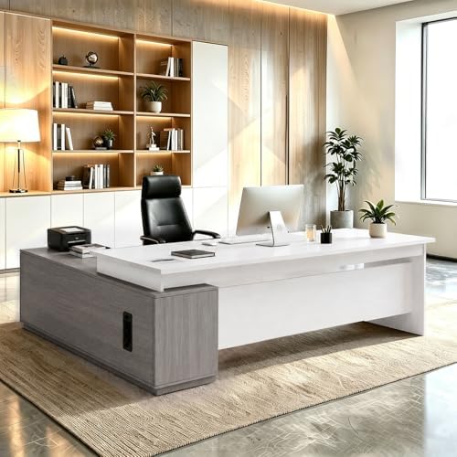 L Shaped Executive Desk with Drawers, Large Wood Workstation, Modern Executive Office Furniture for Home Office and Business Workspace, Multiple Sizes & Colors by Unknown