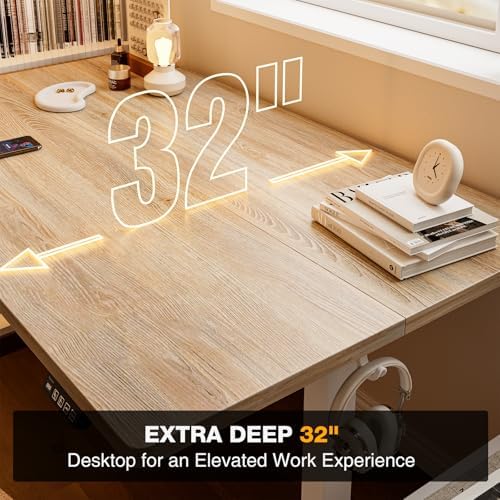 Grandder 55x32 Large Electric Standing Desk, Height Adjustable Computer Desk with 2 Memory Presets, 31.5" Deep Desktop Sit Stand Desk Home Office Desk Workstation Table with Hooks, Maple - Image 4