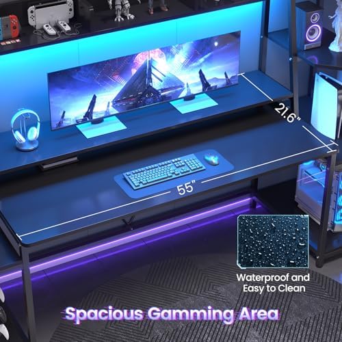 SEDETA 79'' Gaming Desk with LED Lights, Hutch and Storage Shelves, Black - Image 4