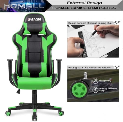 Homall Gaming Chair, Office Chair High Back Computer Chair Leather Desk Chair Racing Executive Ergonomic Adjustable Swivel Task Chair with Headrest and Lumbar Support (Green) - Image 6