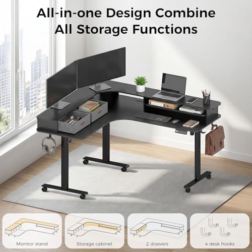 2-Tier L Shaped Electric Standing Desk with Drawers, 63 x 55 Height Adjustable Desk with Memory Controller, Storage, Ergonomic Corner Desk Sit Stand up Computer Table for Home Office, Black - Image 4
