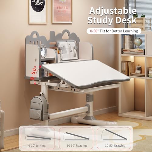 Kids Desk and Chair Set for Ages 3-12 - Tilting Study Desk (Grey) - Image 4
