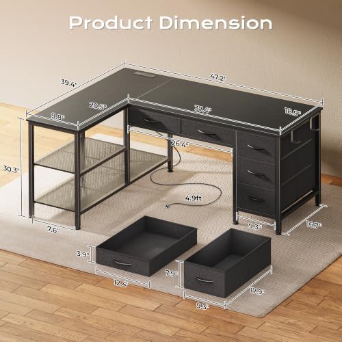 PRAISUN 47 Inch L Shaped Desk with Power Outlets, 5 Fabric Drawers - Image 3