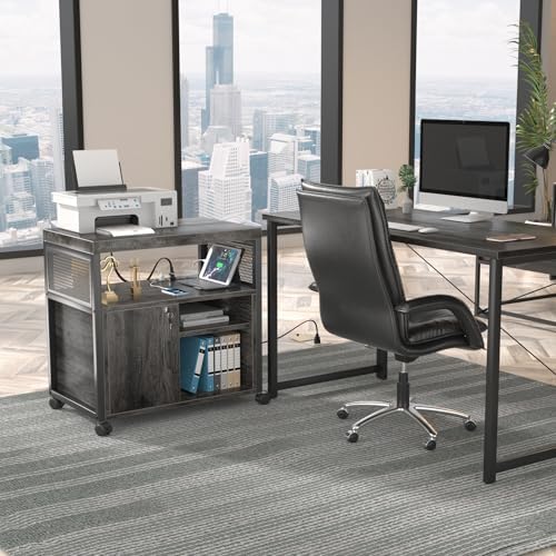 Unikito Rolling File Cabinet Lateral Office Filing Cabinets with Socket and USB Charging Port, Modern Printer Stand on Wheels Printer Cabinet with Door and Open Storage, Lockable, Black Oak - Image 5